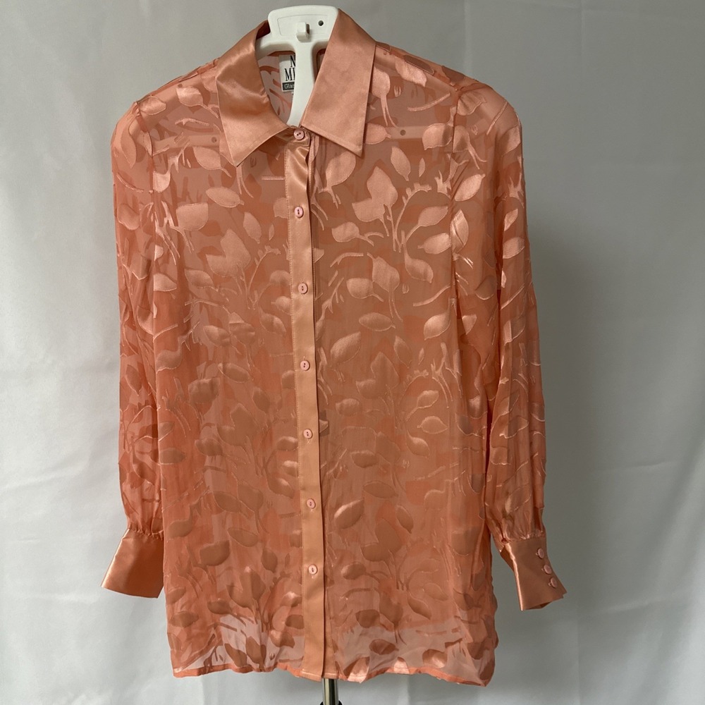 VTG Nolan Miller Glamour Peach Blouse Women's Sz Small Silk Blend See Through